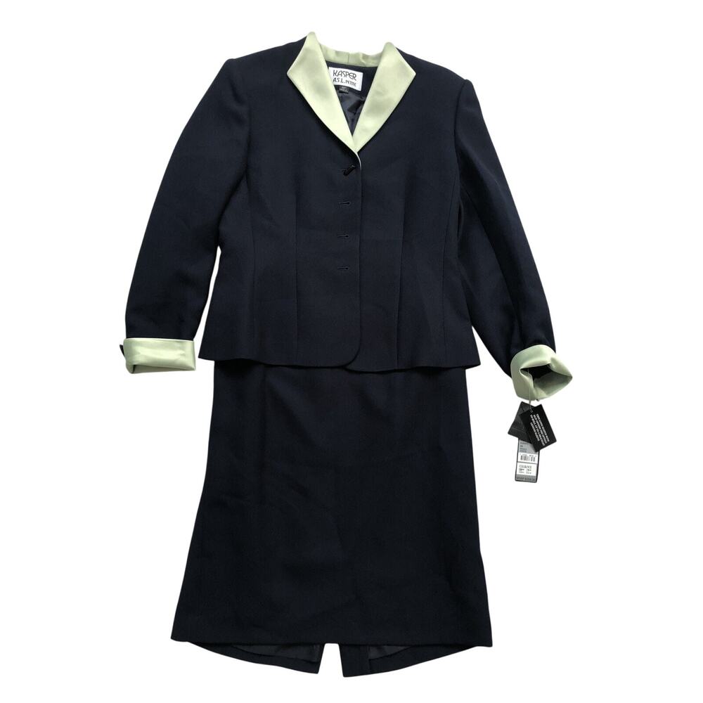 Kasper Skirt Suit Size 6 Petite Vintage NEW Navy Blue & Mint Green Power Suit